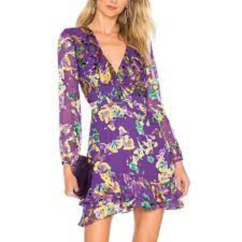 Saloni Jodie floral print devoré chiffon mini lined zip dress woman purple sz 6